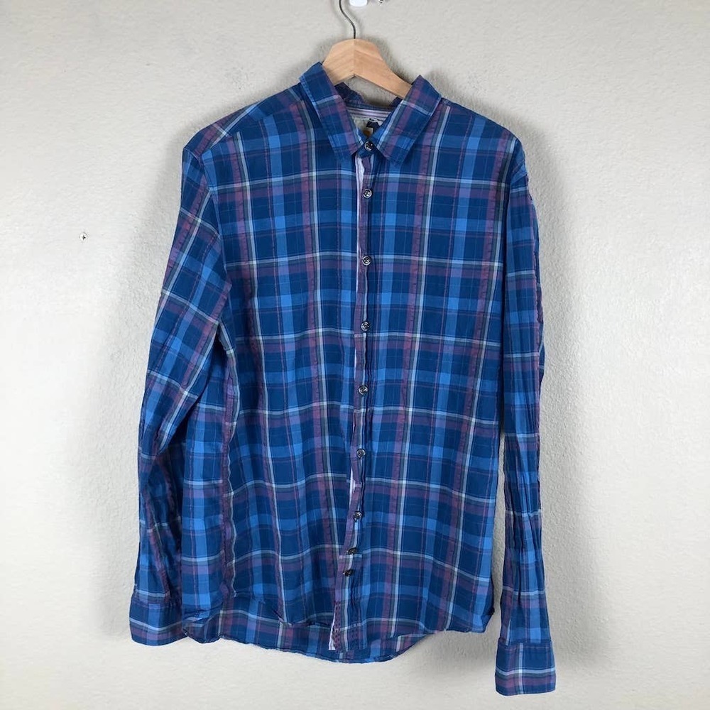 𝅺boss Orange Shirt Blue Purple‎ Plaid Checked Flip Cuff Button Up Size X Large